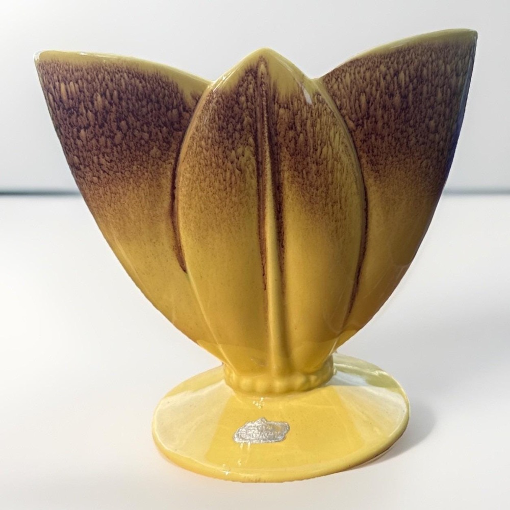 Royal Haeger R1523 Tulip Vase Yellow Brown Drip Glaze Mid Century Modern Pottery